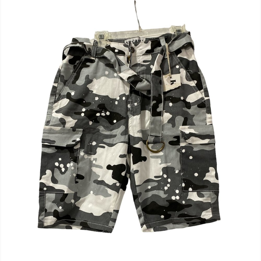 Men's Camo Cargo Shorts By Kreamy Size Small Black Gray White 4 Pockets Belt New
